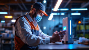 A photograph of a lighting contractor inspecting a uv sanitizer device in a well-lit workspace