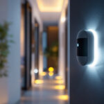 A photograph of a modern motion sensor installed in a stylish home setting