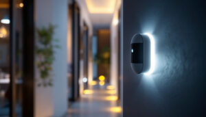 A photograph of a modern motion sensor installed in a stylish home setting