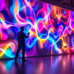 A photograph of a beautifully designed led lighting wall art installation in a modern interior setting