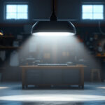 A photograph of a well-lit workshop or garage scene featuring solar-powered shop lights in action