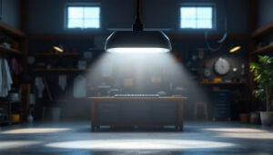 A photograph of a well-lit workshop or garage scene featuring solar-powered shop lights in action