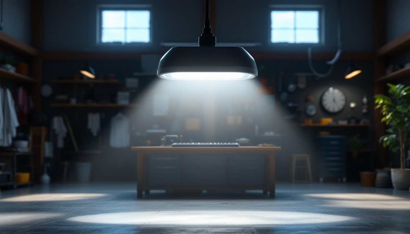 A photograph of a well-lit workshop or garage scene featuring solar-powered shop lights in action