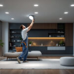 A photograph of a lighting contractor installing recessed can light covers in a modern residential setting