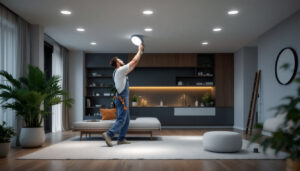 A photograph of a lighting contractor installing recessed can light covers in a modern residential setting