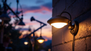 A photograph of a solar-powered dusk-to-dawn light installed in an outdoor setting
