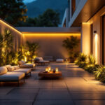A photograph of a beautifully lit outdoor space showcasing various flood lights in action