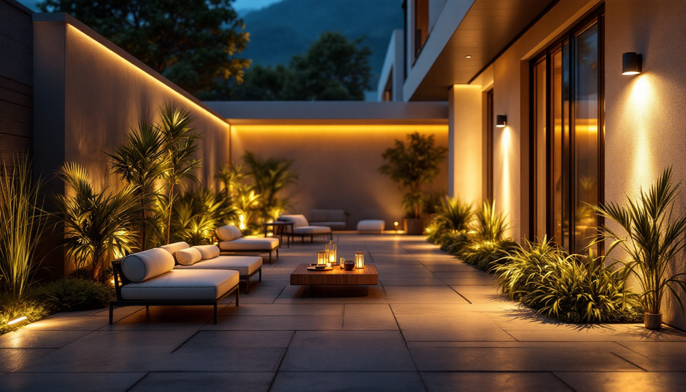 A photograph of a beautifully lit outdoor space showcasing various flood lights in action