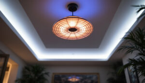 A photograph of a beautifully designed ceiling lamp in a well-lit interior setting