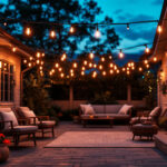 A photograph of a beautifully illuminated outdoor space featuring various styles of string lighting