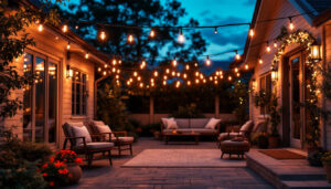 A photograph of a beautifully illuminated outdoor space featuring various styles of string lighting