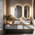 A photograph of a beautifully designed bathroom featuring modern led vanity lights