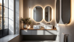 A photograph of a beautifully designed bathroom featuring modern led vanity lights