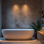 A photograph of a serene bathroom setting featuring stylish led bath lights illuminating the space