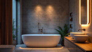 A photograph of a serene bathroom setting featuring stylish led bath lights illuminating the space