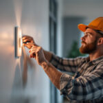 A photograph of a lighting contractor expertly installing a modern button light switch in a well-lit room