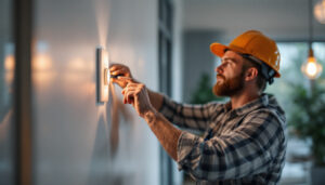 A photograph of a lighting contractor expertly installing a modern button light switch in a well-lit room
