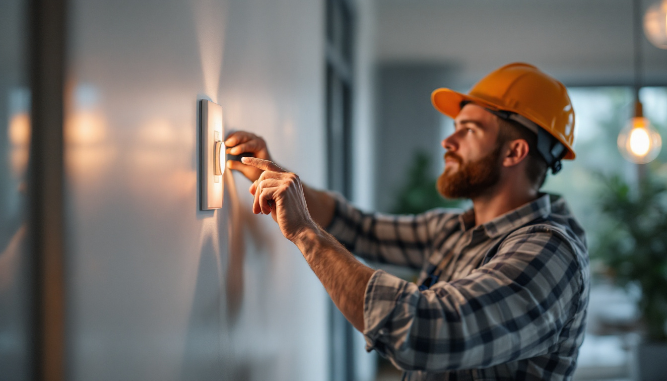 A photograph of a lighting contractor expertly installing a modern button light switch in a well-lit room