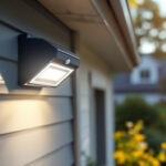 A photograph of a lighting contractor installing an outdoor motion detector light in a residential setting