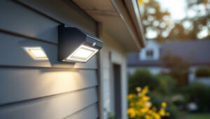 A photograph of a lighting contractor installing an outdoor motion detector light in a residential setting