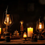 A photograph of a vintage lighting setup featuring various pre-electric light sources