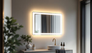 A photograph of a stylish led wall mirror in a well-lit room