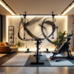 A photograph of a well-designed home gym featuring various smart lighting solutions