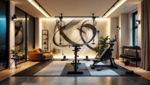 A photograph of a well-designed home gym featuring various smart lighting solutions