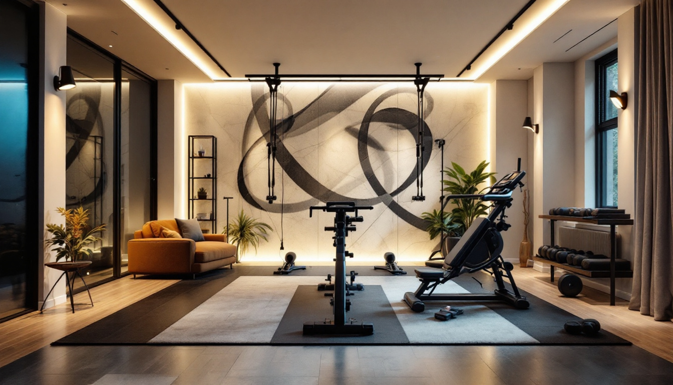 A photograph of a well-designed home gym featuring various smart lighting solutions