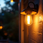 A photograph of a beautifully designed porch lamp illuminating a cozy outdoor space at dusk