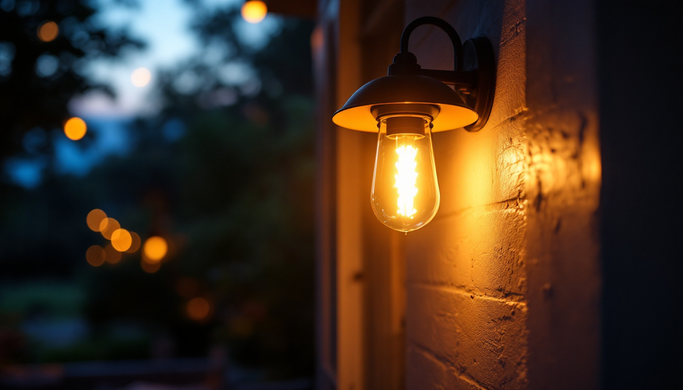 A photograph of a beautifully designed porch lamp illuminating a cozy outdoor space at dusk