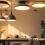 A photograph of a well-lit interior space showcasing various ceiling light types
