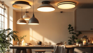 A photograph of a well-lit interior space showcasing various ceiling light types