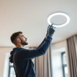 A photograph of a skilled lighting contractor expertly installing or adjusting a sleek led circle light in a modern