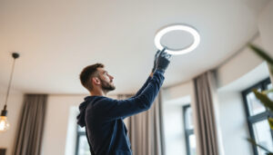 A photograph of a skilled lighting contractor expertly installing or adjusting a sleek led circle light in a modern
