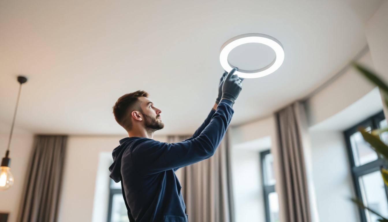 A photograph of a skilled lighting contractor expertly installing or adjusting a sleek led circle light in a modern