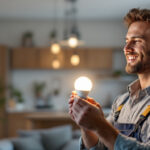 A photograph of a lighting contractor installing a19 led light bulbs in a modern residential setting