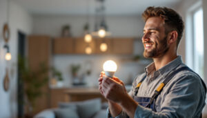 A photograph of a lighting contractor installing a19 led light bulbs in a modern residential setting