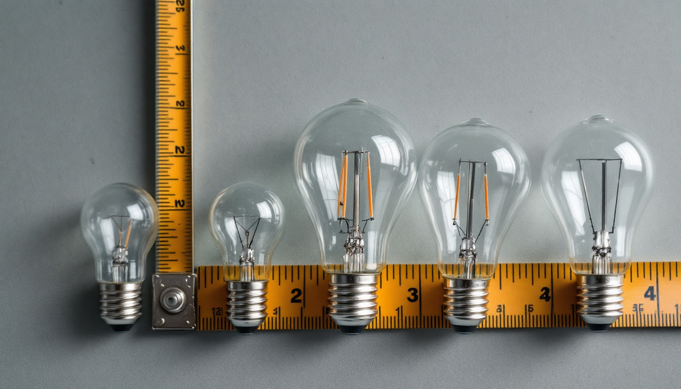 A photograph of a close-up shot of various incandescent bulb base sizes displayed alongside a measuring tape