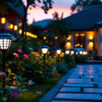 A photograph of a beautifully illuminated outdoor space featuring solar lights in various settings