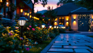 A photograph of a beautifully illuminated outdoor space featuring solar lights in various settings