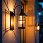 A photograph of a stylish large exterior wall lantern mounted on a contemporary home