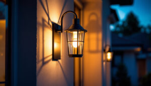A photograph of a stylish large exterior wall lantern mounted on a contemporary home