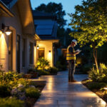 A photograph of a well-lit outdoor space featuring various solar lighting installations