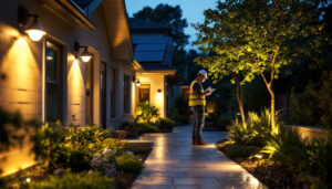 A photograph of a well-lit outdoor space featuring various solar lighting installations
