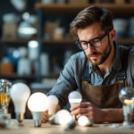 A photograph of a lighting contractor examining various types of led bulbs in a well-lit workspace
