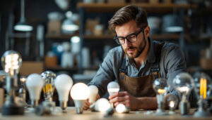 A photograph of a lighting contractor examining various types of led bulbs in a well-lit workspace