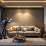 A photograph of a skilled lighting contractor installing recessed lights in a modern living space