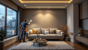A photograph of a skilled lighting contractor installing recessed lights in a modern living space