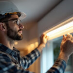 A photograph of a lighting contractor expertly installing led trim in a modern home setting